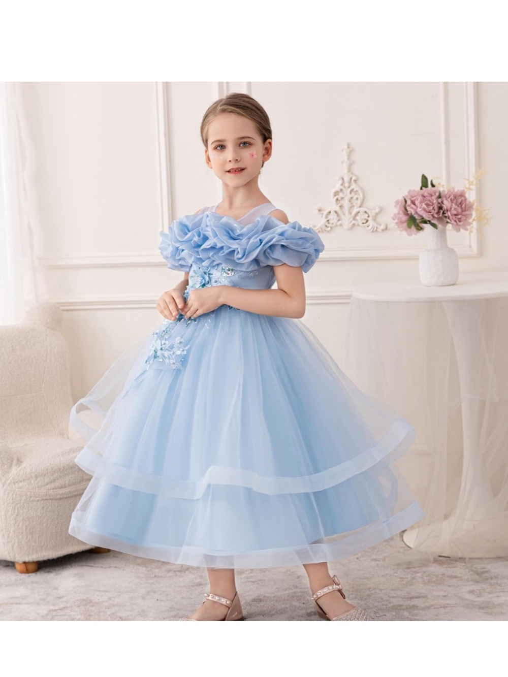 Light Blue Ruffled Tulle Flower Girl Dress - Picture 4 of 7